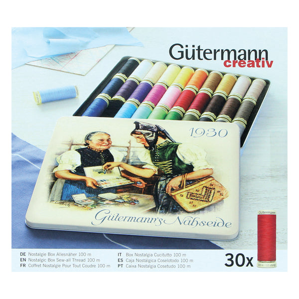 GÜTERMANN 1930 Boîte nostalgie Fil à coudre tout usage de 100m 30 couleurs