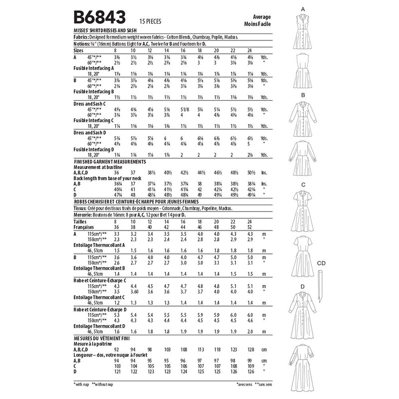 BUTTERICK B6843 Misses Shirtdress, Sash