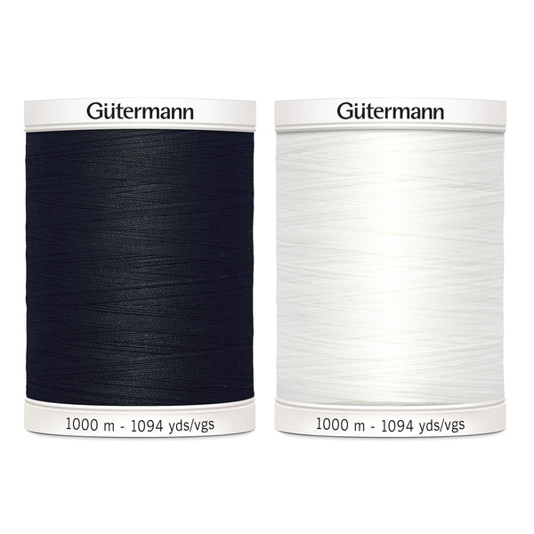 Fil à coudre tout usage Gutermann MCT - 100% polyester, robuste et durable, 2 bobines (noir et nouveau blanc), 1000m chacune, pour tous les matériaux et toutes les coutures, pour la couture à la machine et à la main