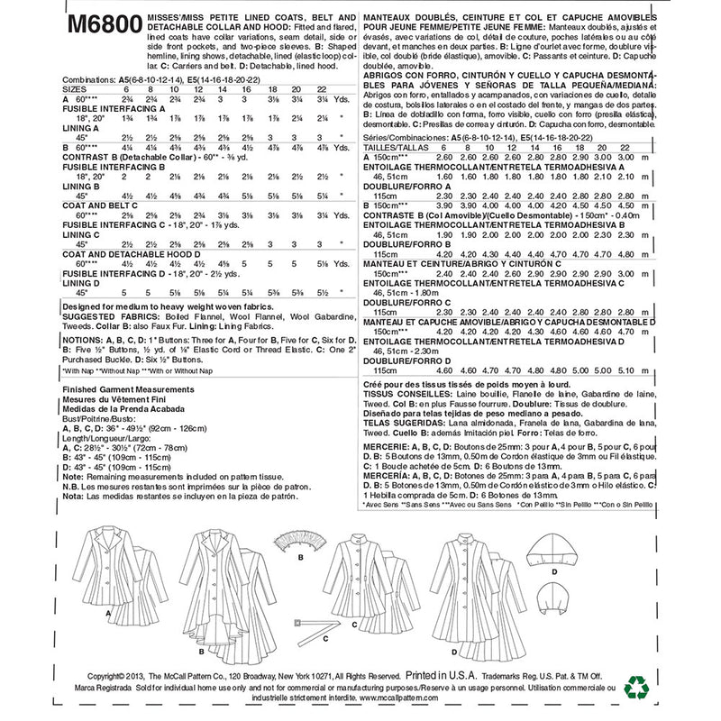 McCALL's M6800 Vêtements d'extérieur