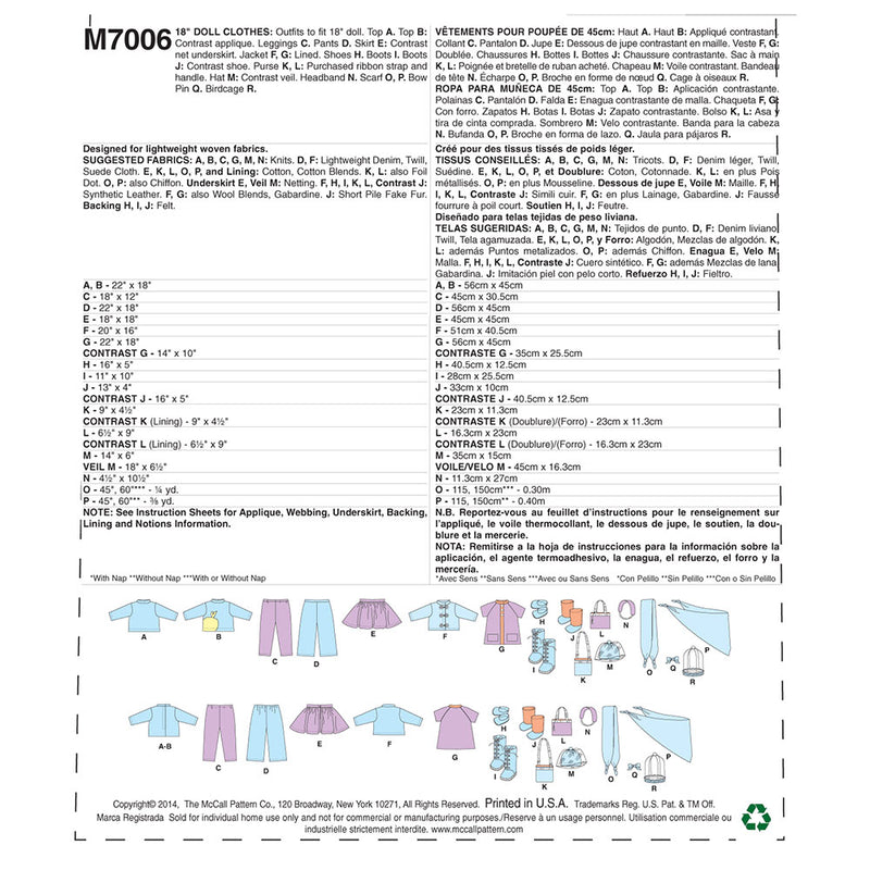 McCALL's M7006 Doll Clothes