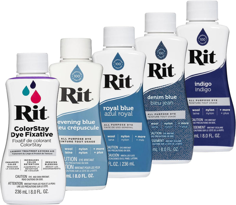 RIT Dye Bundle - Denim: Liquid Dye Royal Blue 236 ml, Evening Blue 236 ml, Indigo 236 ml, Denim Blue 236 ml, Liquid Dye Fixative 236 ml